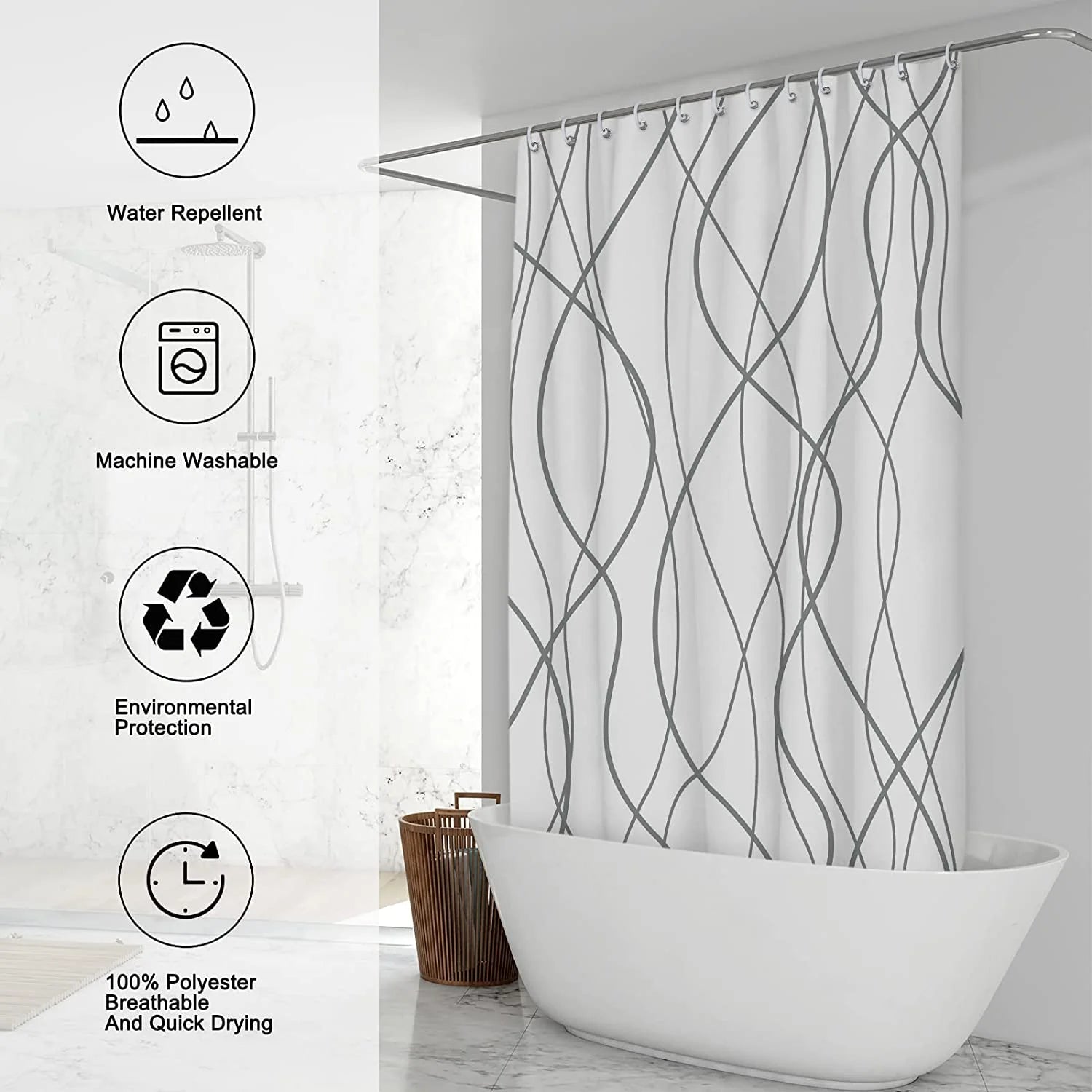 Grey and White Striped Fabric Shower Curtain for Bathroom with 12 Hooks, Shower Curtains for Bathroom 72 Inches Long, Waterproof Bath Accessories Hotel Style - Machine Washable